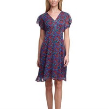 New Calvin Klein Purple, Blue & Red Floral Puff Short Sleeve Chiffon Dress Sz 10