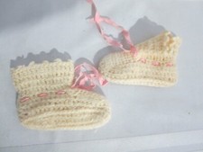 Vintage Knitted Baby Booties / Socks w/ Pink Ribbon