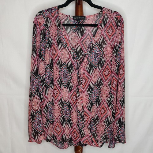 Derek Heart women's 2X sheer blouse multicolor fold over front ties long sleeves - 第 1/8 張圖片