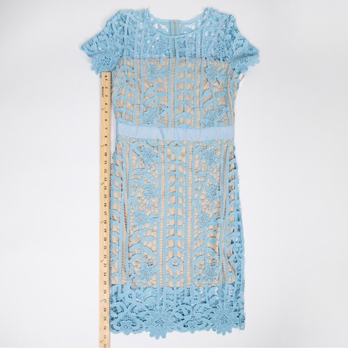 Vestido Superpuesto de Encaje Elegante Patrón Floral, Manga Corta, Estilo Funda, Azul Nuevo - Imagen 12 de 14