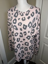 Bom Bom Womens SIZE LARGE USA Made PINK Leopard Print Long Sleeve SWEATShirt