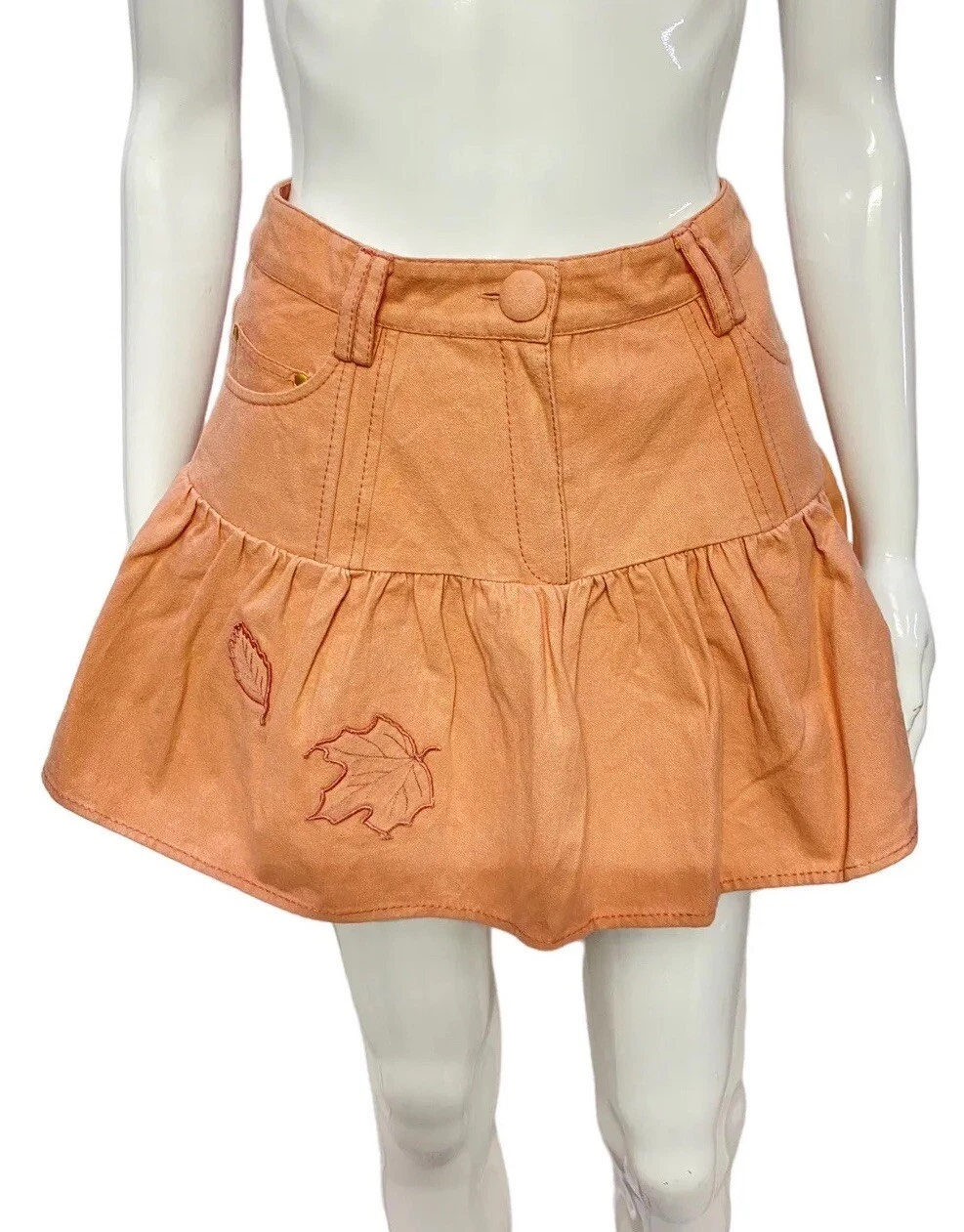 LoveShackFancy Women's Dock Denim Leaf Embroidered Cotton Mini Short Skirt XS