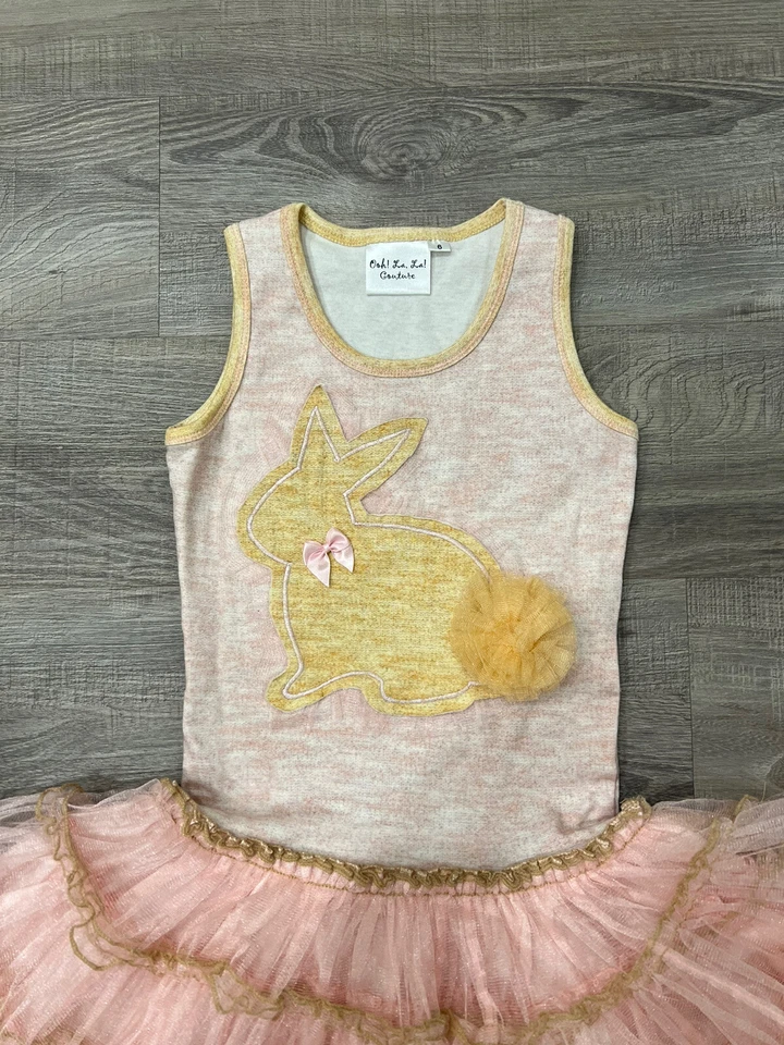 Ooh! Vestido tutú de diseñador La La Couture para niñas talla 6 rosa tul jaspeado bronceado conejito Foto 3 de 4