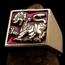 SINHALESE LION RING, SQUARE SHAPE RING, MENS BIKER RING, CEYLON RING RED SIZE 13