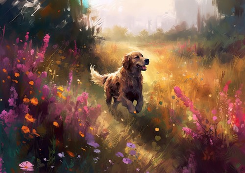 Joyful Wanderer: Golden Retriever in Meadow Oil Painting Print 5" x 7" - Picture 6 of 6
