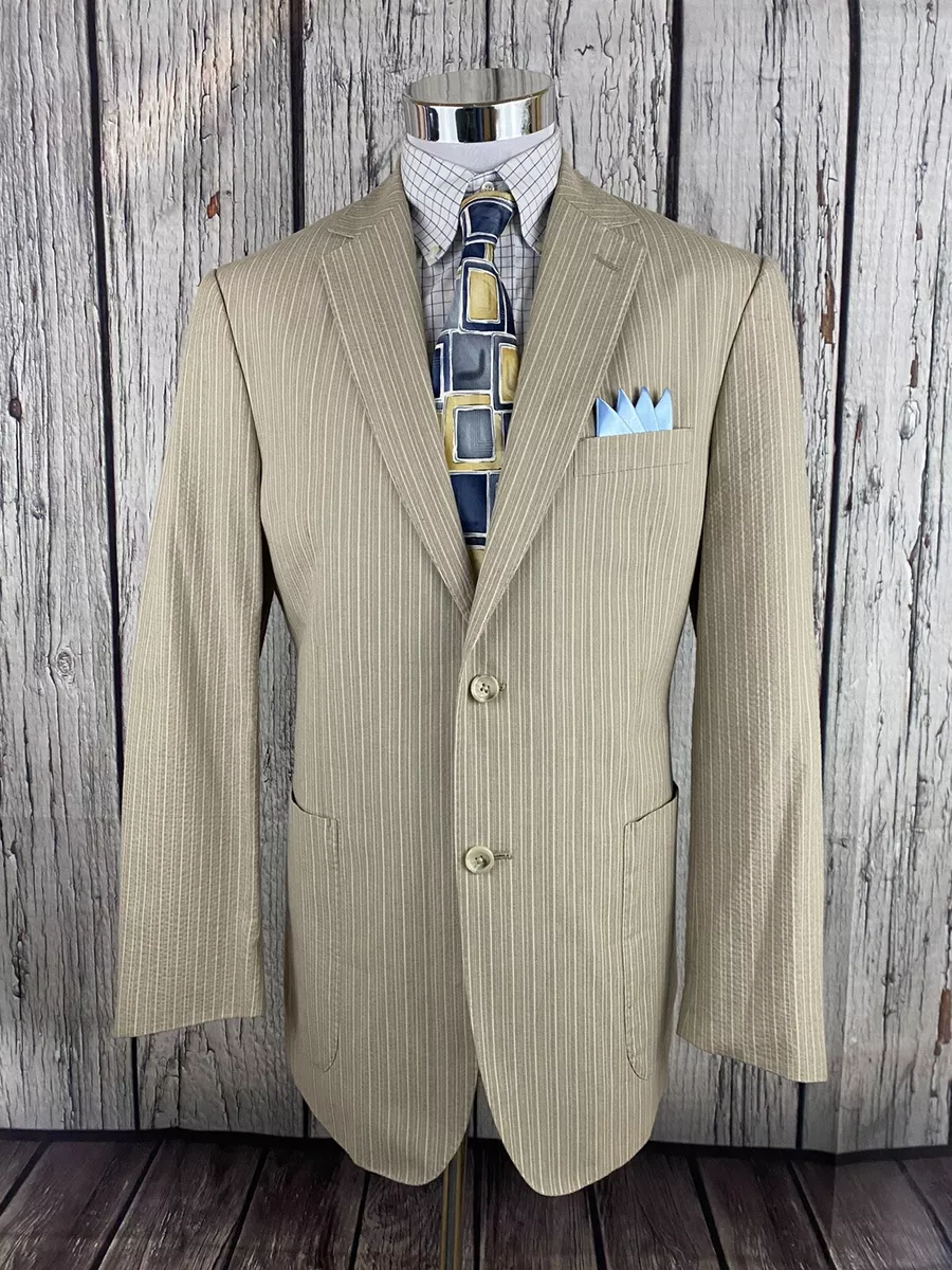 EXC JOHNSTON MURPHY MENS M 42R SUMMER PINSTRIPE BEIGE COTTON SPORT COAT BLAZER