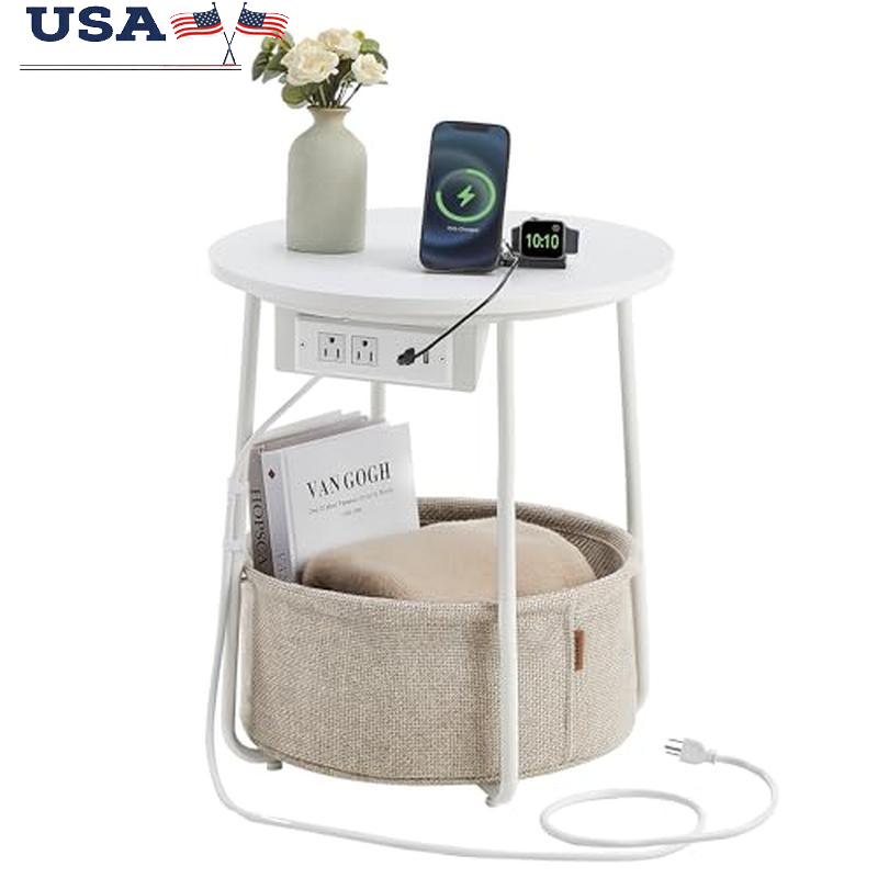 Round Side Table W/ Charging Station USB Ports & AC Outlets Fabric Basket