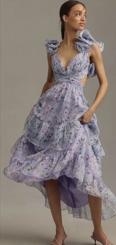 Anthropologie Mac Duggal Flutter-Sleeve V-Neck Tiered Midi Dress Size 8 NWT