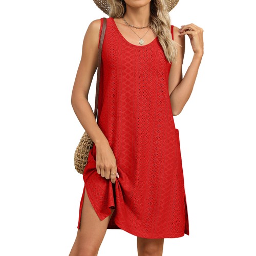 Summer Women's Beach Sleeveless Pockets Split Loose Holiday Mini Vest Dress Tops - Picture 31 of 38