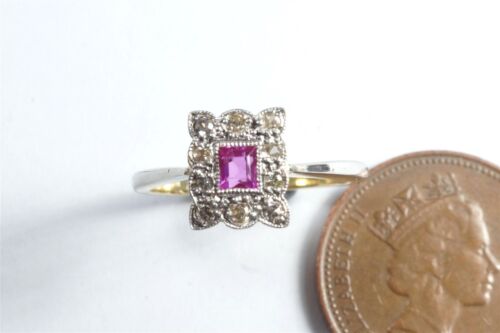 ANTIQUE ENGLISH ART DECO 18K GOLD PLATINUM RUBY DIAMOND CLUSTER RING c1920's - Picture 2 of 9