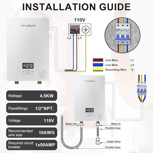 JHiveGym Q0245 Tankless Water Heater 4500W White 110V Portable Instant Electric - Picture 3 of 4