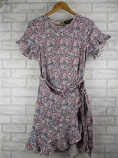 Decjuba womens wrap dress pink grey floral print 8 round neck linen mix