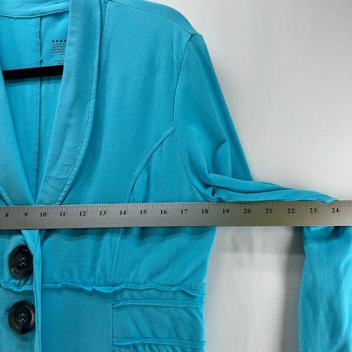 Neon Buddha Jacket Women Sz M Shawl Collar 3-Button Blazer Ruffled Hem Turquoise - Picture 9 of 11
