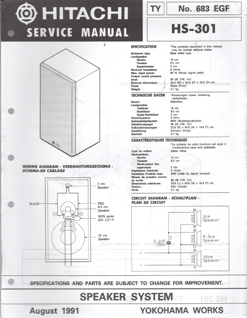 Hitachi - HS-301 Speaker System - Original Service Manual | eBay