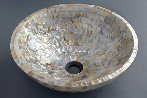 16" Rare Mother of Pearl Inlay Work Wash Basin/Sink Bathroom Washroom Decor - Picture 2 of 6