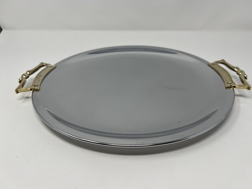 Vintage Kromex Round Serving Tray Platter 13” Stainless Chrome w/ Brass Handles - Picture 2 of 11