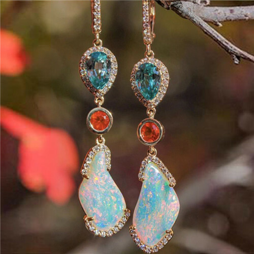 Yellow Gold Filled White Fire Opal Ear Stud Hoop Dangle Engagement Earrings Pair - Picture 8 of 11