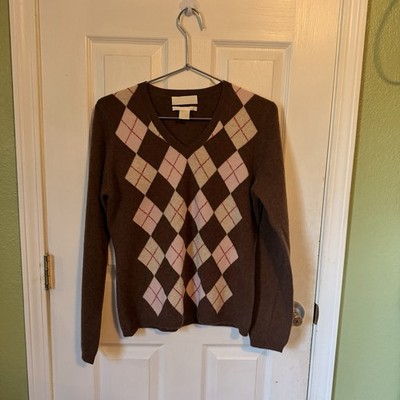 Geneva 100% 2 Ply Cashmere Women's Sweater Argyle Size M