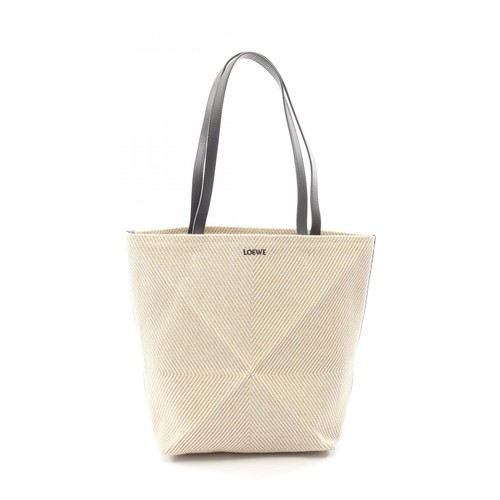 LOEWE Puzzle Fold Tote Medium Tote Bag Canvas Leather Women's Ivory/Brown A779G5