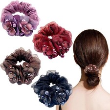 4 PCS Flower Hair Scrunchies for Women Rhinestone Elastic Hair Bands, A