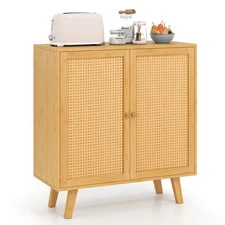 Bamboo Buffet Cabinet with PE Rattan Doors Freestanding Kitchen Cupboard