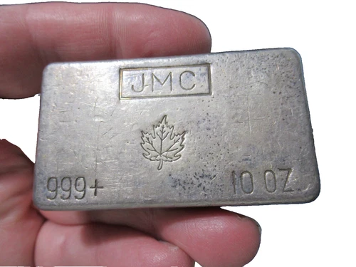 10 oz JMC Maple Leaf Johnson Matthey Canada Poured Vintage Silver Bar