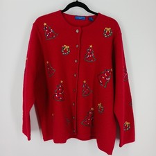Vtg Karen Scott XL 100 Wool Button Up Cardigan Sweater Christmas