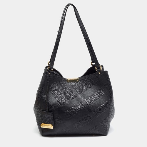 Burberry Canterbury Small Black Pebbled Check Embossed Leather Tote