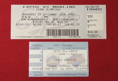 FINAL LAST MONTREAL EXPOS BASEBALL GAME PLAYED TICKET 9/29/04 & 10