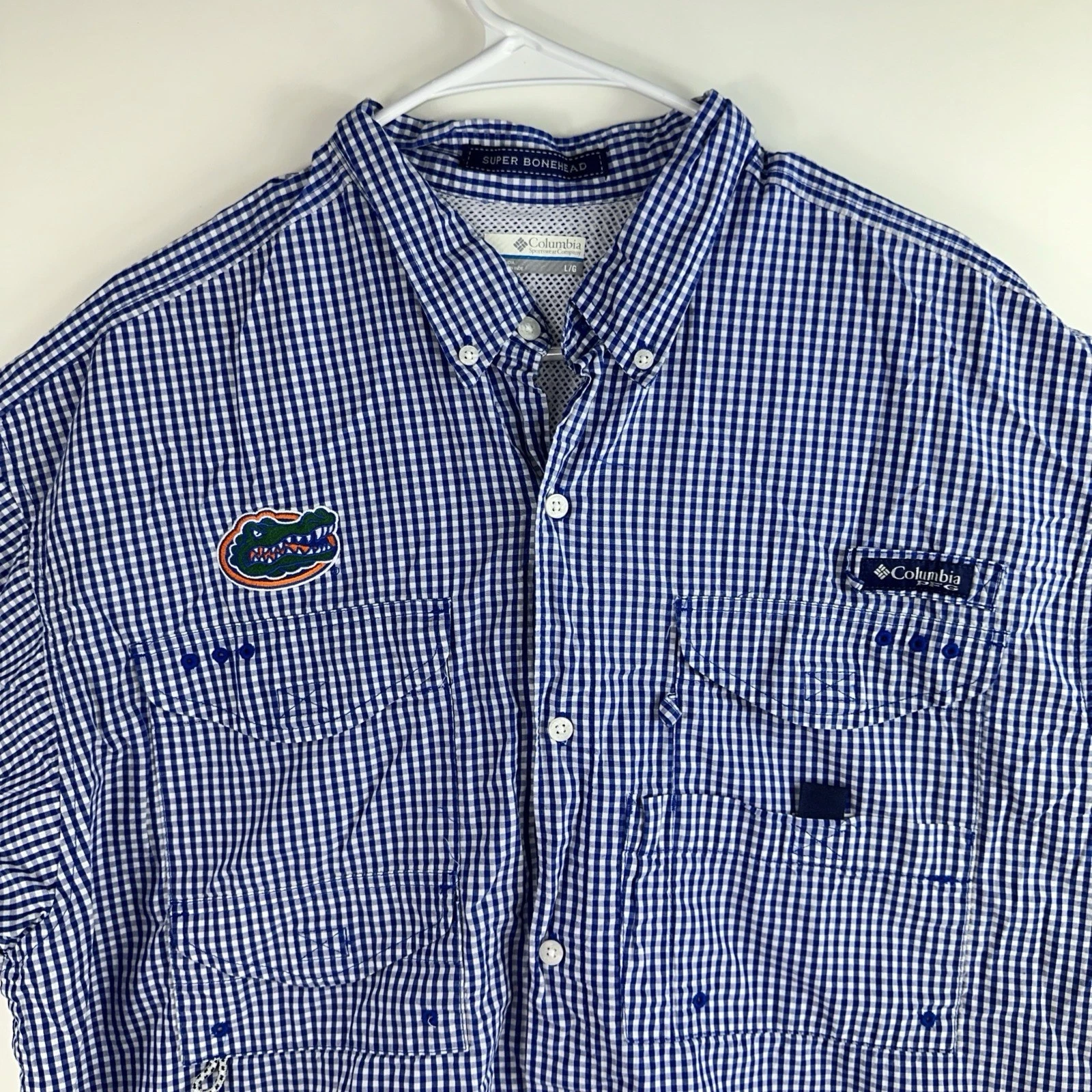 Columbia Florida Gator Large Super Bonehead Blue White Plaid S/S Fishing Shirt