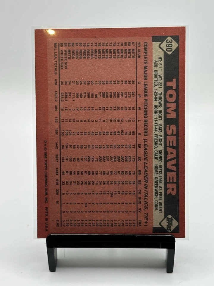 Tom Seaver 签名 1986 年 Topps #390 卡 – 白袜队名人堂签名 – 夏普蓝色墨水 — 第 2/3 张图片