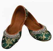 Fancy Embroidery Jutti Khussa Shoes Indian Pakistani Green Womens 7US