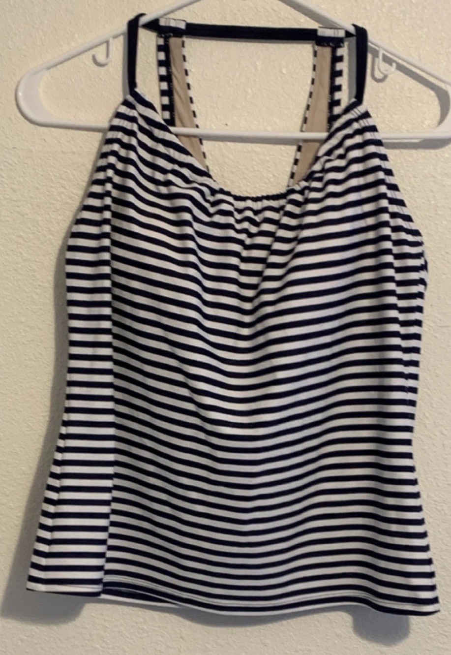 Kona Sol Women's Striped Tankini Swim Top Navy White Wide Strap Size M