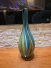 Vtg 16” Blue Multicolor Swirl Design Cased Glass Vase Hand Blown “Murano Style”