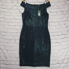 Lauren Ralph Lauren Dress Size 12 Dark Fern Sequined Shift Emerald Off Shoulder