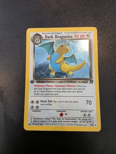 2000 Pokémon Card - Team Rocket Dark Dragonite Holo 1st Edition - MP SWIRL Creas
