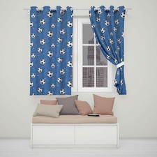 Kids Blue Football Blackout Thermal Eyelet Curtains Soccer Ball Window Drapes
