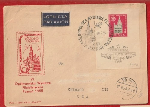 POLAND:- 1955 POZNAN EXHIBITION 3ze RED ON FLIGHT COVER TO UNITED STATES