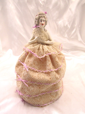 Vintage Half Doll Porcelain Lady Lace Dress on Wire Hoop Stand  10 3/4'' tall
