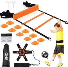 GHB Pro Agility Ladder Soccer Kick Trainer Set 20ft 12 Rung 10 Cones and 4 Stake