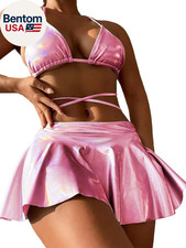 3 Piece Swimsuits for Women Festival Rave Outfits Metallic Glitter Bikini Sets S