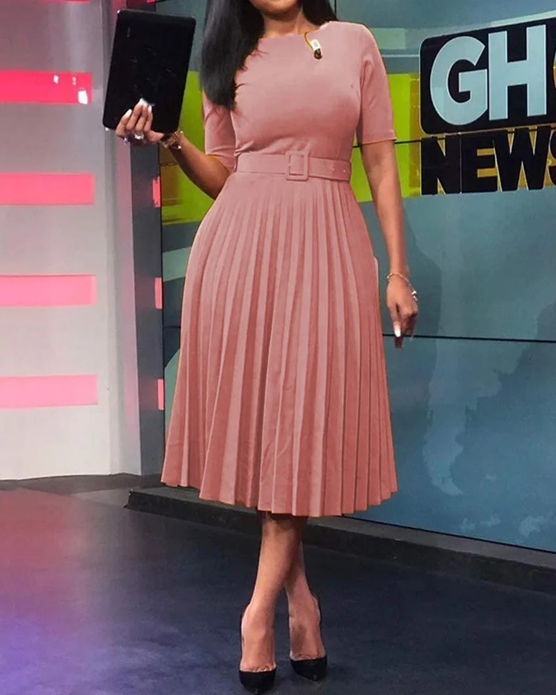 Women's Solid Pleated Midi Dress Belted Zipper Round | eBay Women's Solid Pleated Midi Dress Belted Zipper Round | eBay