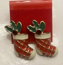 Petite 7/8 Christmas Stocking Holiday Earrings with Red Stone Detailed Cute