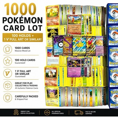 1000 Pokemon Card Lot: 100 Holos + 1 V Full Art - No Energys - Assorted Sets