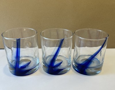 Set of 3 Libbey Blue Ribbon Impressions Rocks Glasses 4  tall
