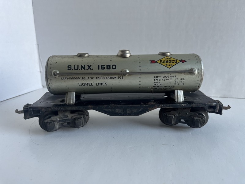 LIONEL - S.U.N.X. 1680 - O Gauge -  Metal SUNOCO - Gray 8-Wheel TANK CAR #3 !
