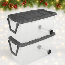 NEW 160Qt Wheeled Stacker Clear Storage Bins XL Tote 2-Pack w/Lid FREE SHIP