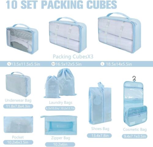 10 Sets Packing Cubes for Travel - Lightweight Suitcase Luggage Organizer Bags - Picture 2 of 7