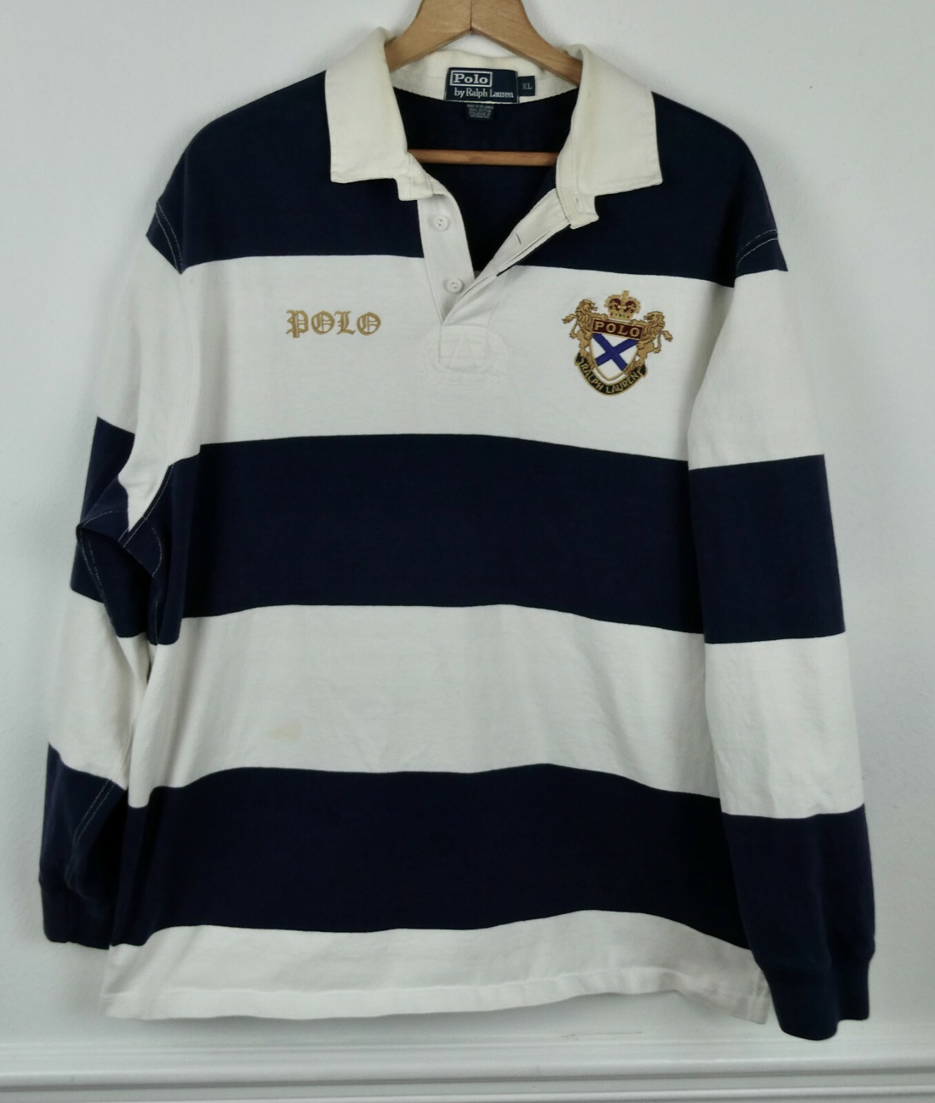 STAINS VTG 90s Polo Ralph Lauren Rugby Shirt Embroidered Blue White Stripe XL