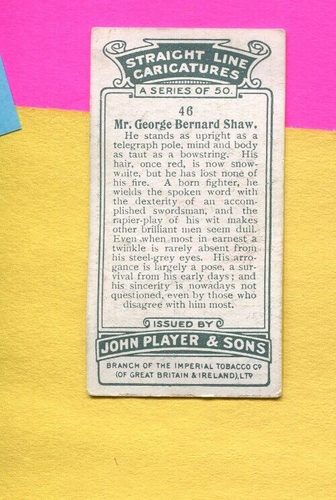 1926 JOHN PLAYER STRAIGHT LINE CARICATURES TOBACCO CARD #46 GEORGE BERNARD SHAW - Afbeelding 2 van 2